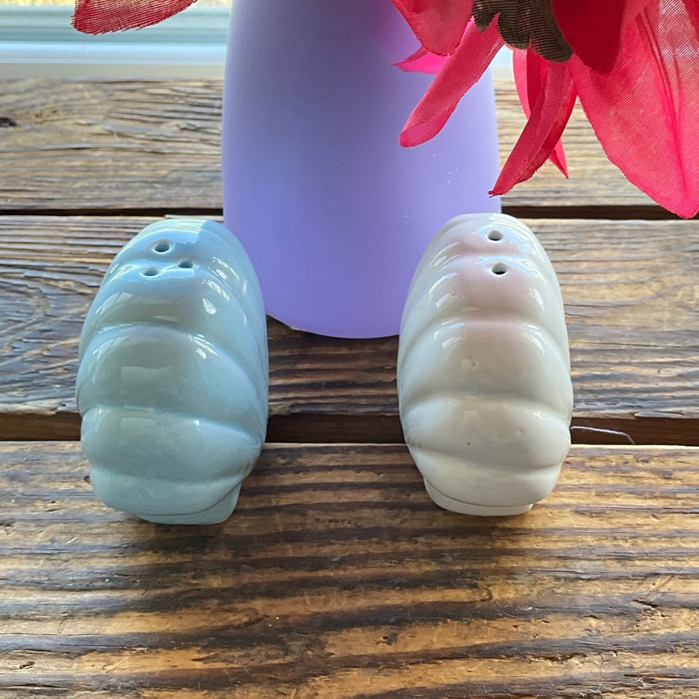 Shell-Shaped Ceramic Salt and Pepper Shakers - Blue and White - Picture 5 of 6